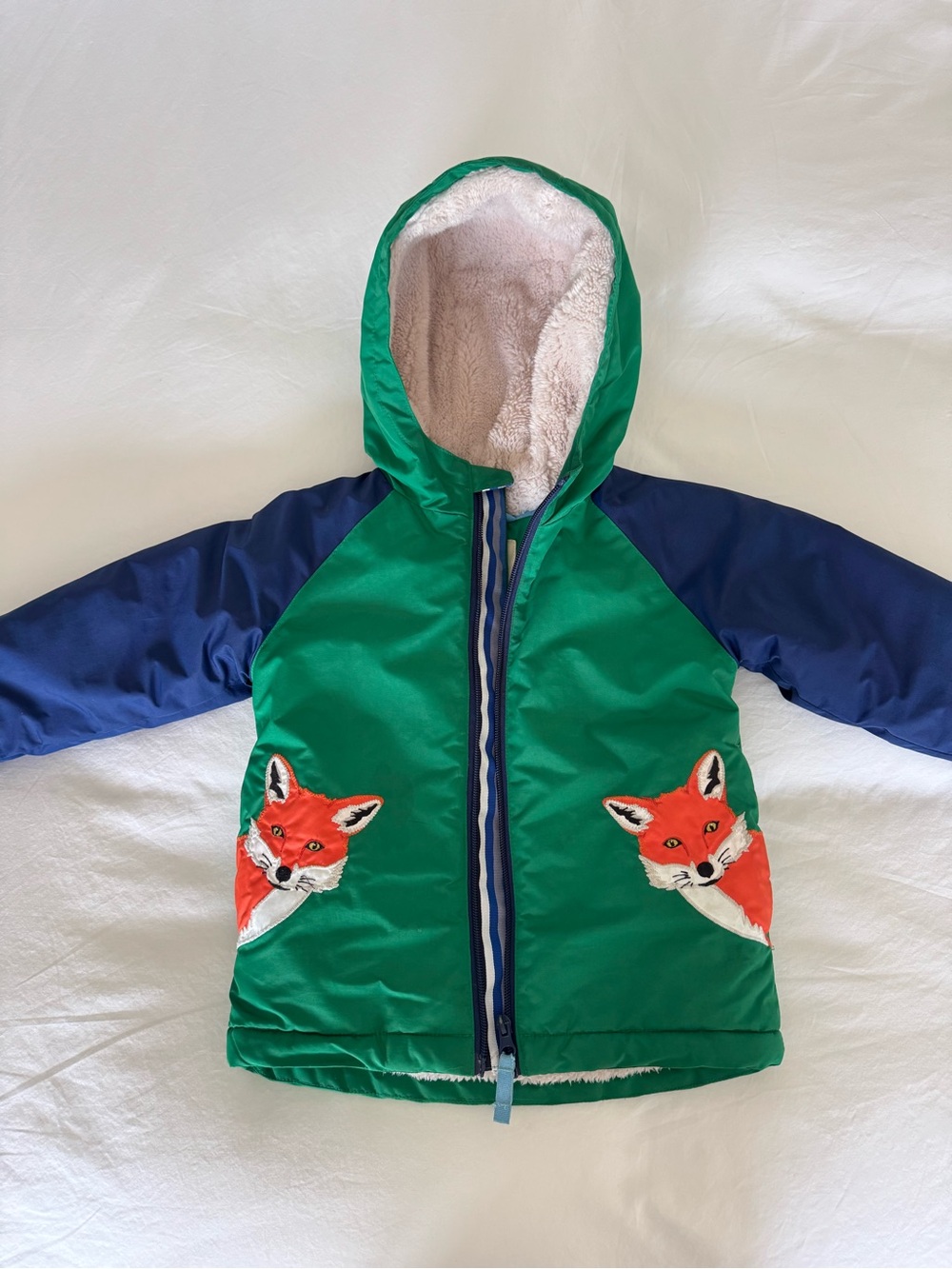 Boden Kids Green & Navy Fox Patch Hooded Jacket